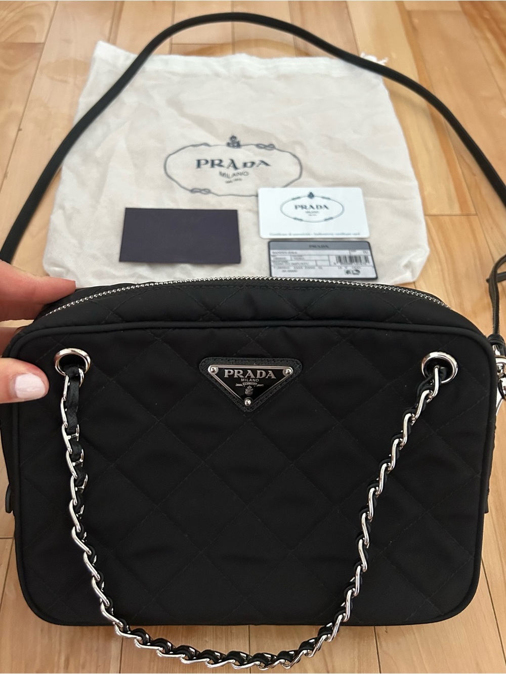 Prada Black Quilted Nylon Crossbody Camera Bag with Silver Chain